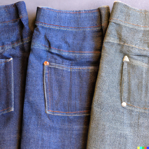 Three trendy jeans, one made of hemp, the second of nettle, and the third of linen.