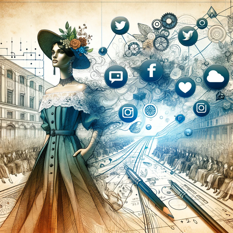Illustration combinant des éléments de mode traditionnels avec des icônes de réseaux sociaux modernes.