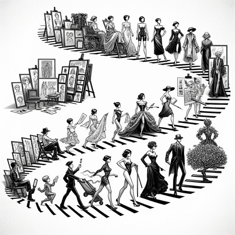 Frise chronologique illustrant l'évolution de la mode, des dessins classiques aux représentations numériques.