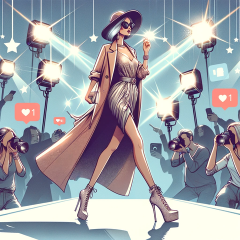 Illustration glamour d'un influenceur de mode en action, entouré d'icônes de réseaux sociaux.