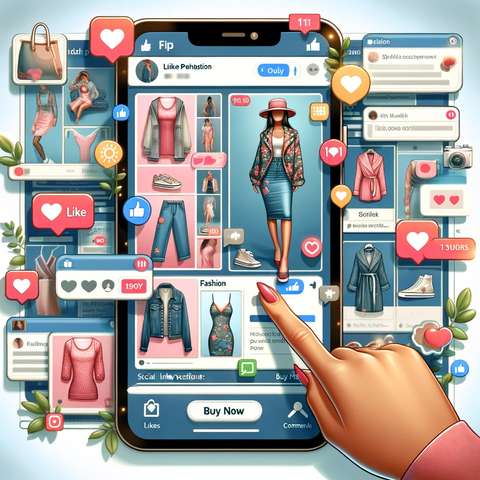 Interface de réseau social avec des publications de mode et une fonction d'achat intégrée.