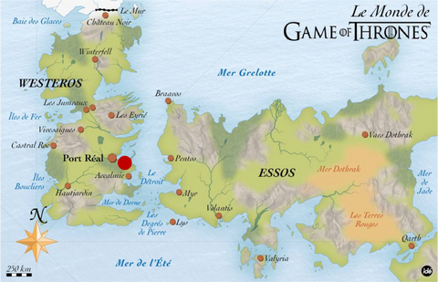 Map of Westeros-Essos. Focus on the Made in King's Landing tunic factory located south of the kingdom's capital.