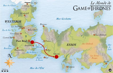 Map of Westeros-Essos. Path from King's Landing to Volantis to the weaving mill in Essos, which exports fabrics to factories in Westeros.