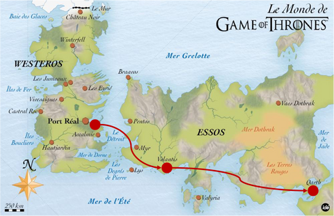 Map of Westeros-Essos. Shows the path from Volantis (weaving mill) to Qarth, the spinning location.