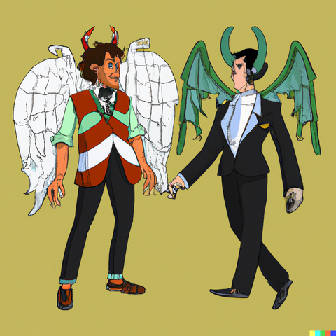 The slow fashion angel fights the fast fashion devil. Image Azala.