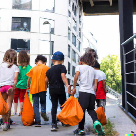 Des enfants habillés en streetwear dans un espace urbain