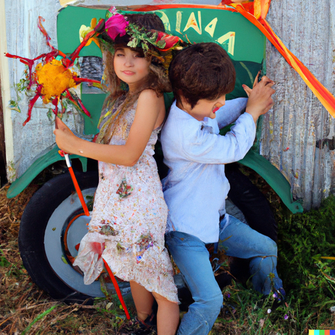 Fille portant une robe fleurie (liberty) et un garçon habillé d'une chemise en lin.