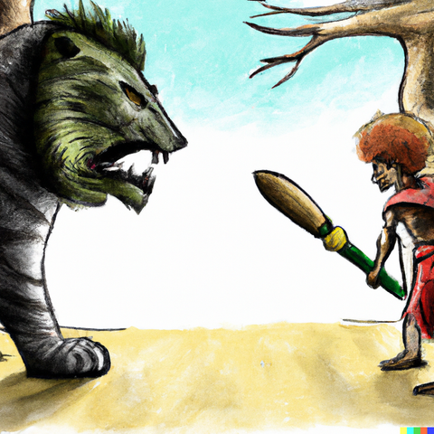 David against Goliath. Madagascar vs Bangladesh. Depicts textile industry in Madagascar with a malagasy warrior agains a Benghal Lion.