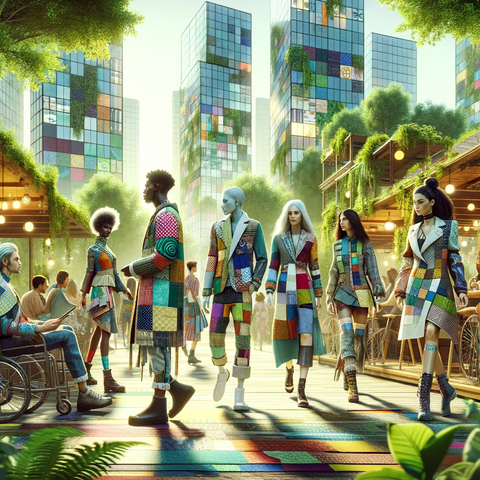 People in the future wearing patchwork clothes. Upcycling.